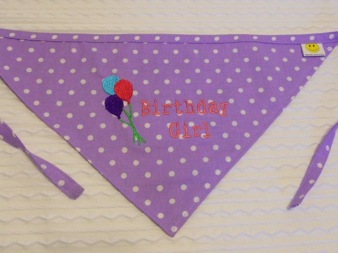 Birthday Dog Bandana Embroidered with Balloons & Birthday Girl  LARGE Tie Style