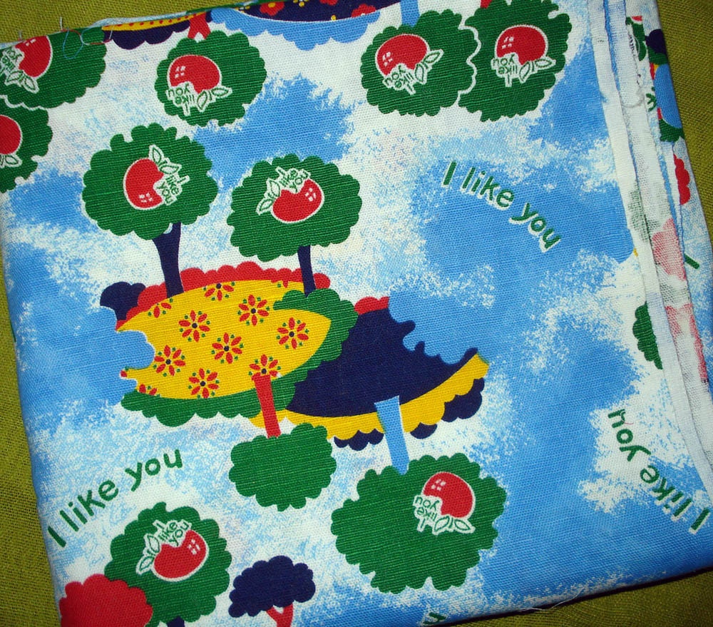 Reserved for ckornik - 70s Vintage Fabric - I Like You Print - Apple Trees - Gingham   - Wamsutta Mills