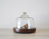 reserved for karla vintage glass dome with wooden bowl tray--cloche---cheese tray--display