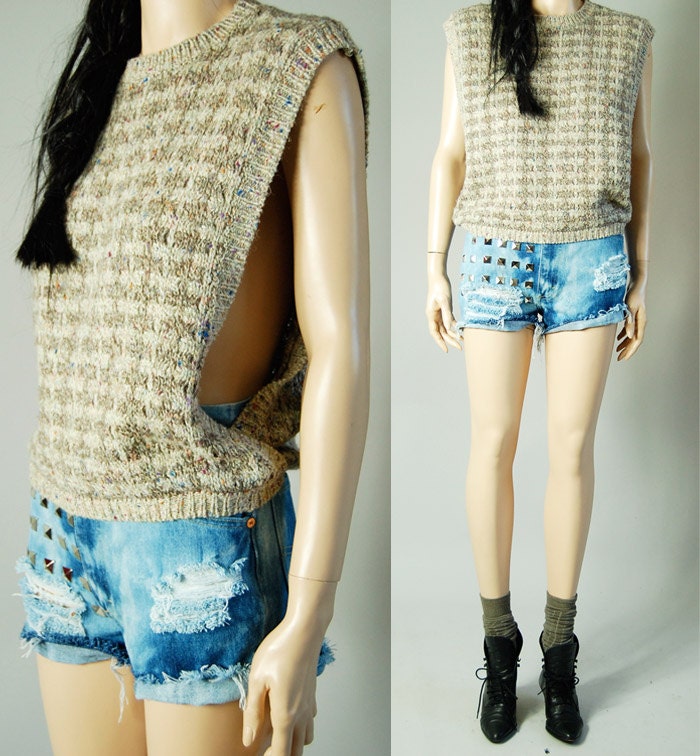 sale vintage 80s oatmeal thick CHUNKY KNIT VEST top shirt womens m/l