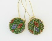 Harlequin Vintage Glass Earrings, Green, Red, Blue, Gold, Long Earwires
