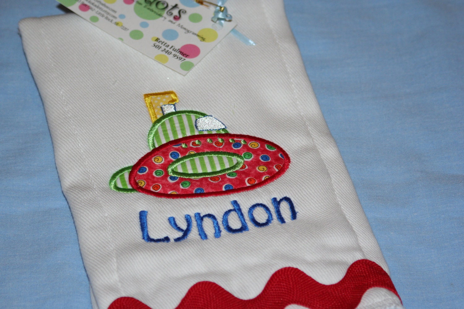 Submarine Appliqued Burp Cloth in Red and Green for a Boy