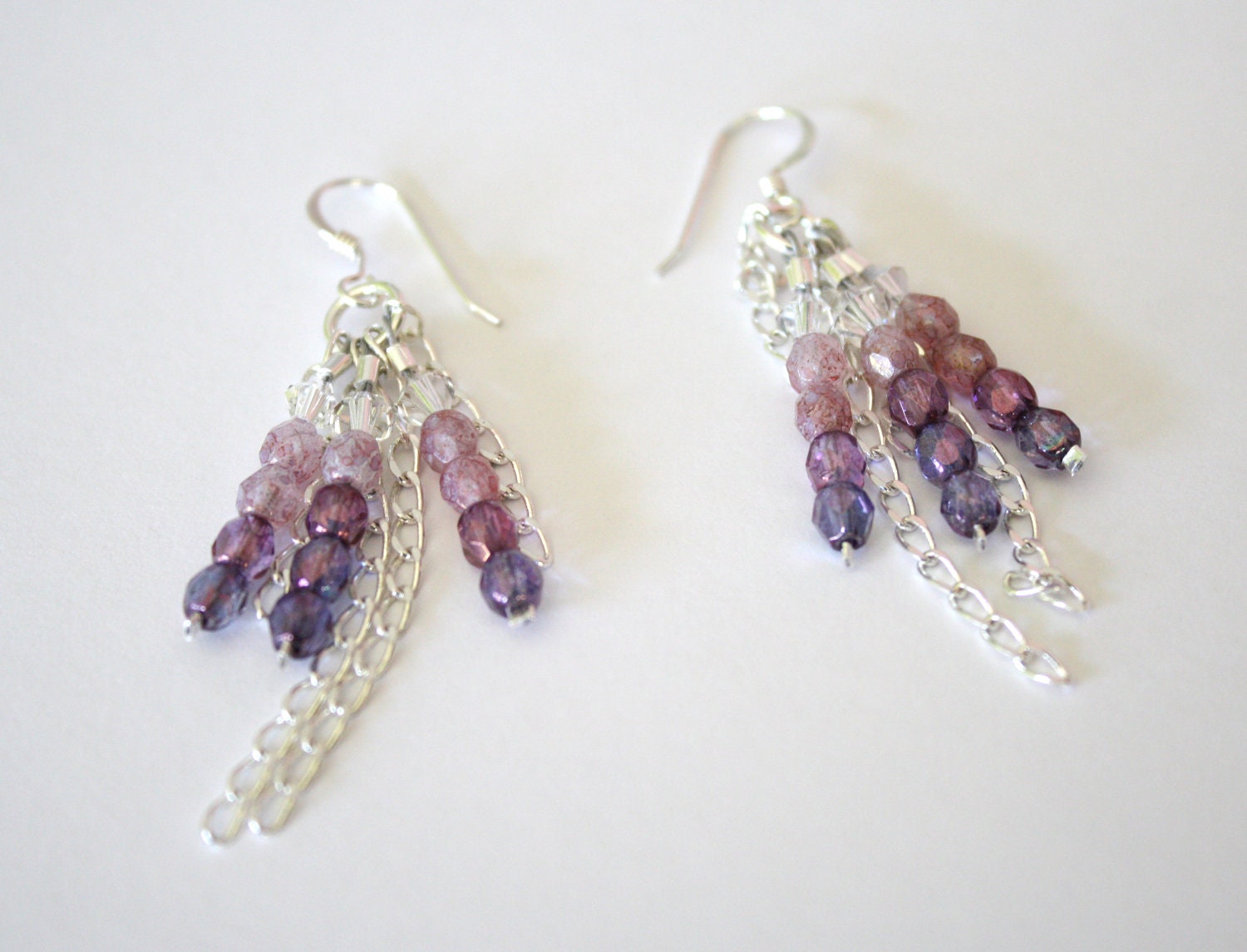 Violet Ombre Bead and Chain Silver Earrings