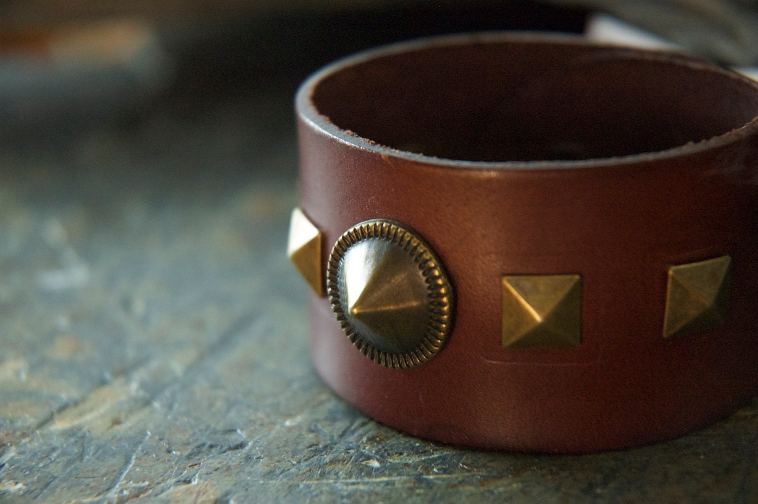 Brown Leather Cuff with Brass Spikes