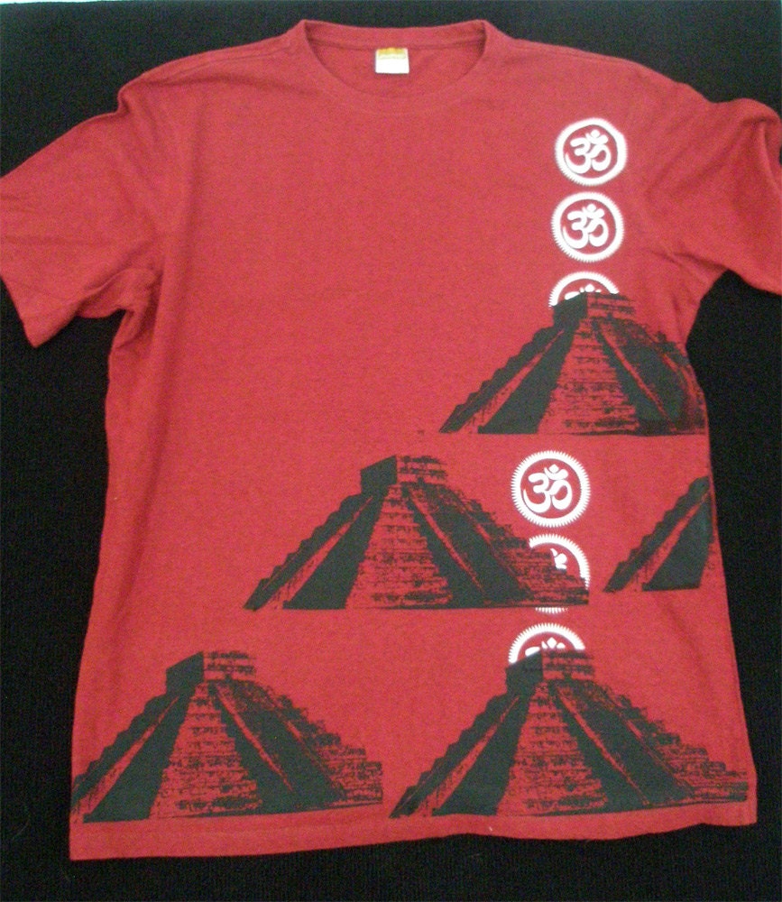 Hemp Mens T-shirt - Mayan Temple Glowing Om Symbols - Shamanic - hand printed - wearable art