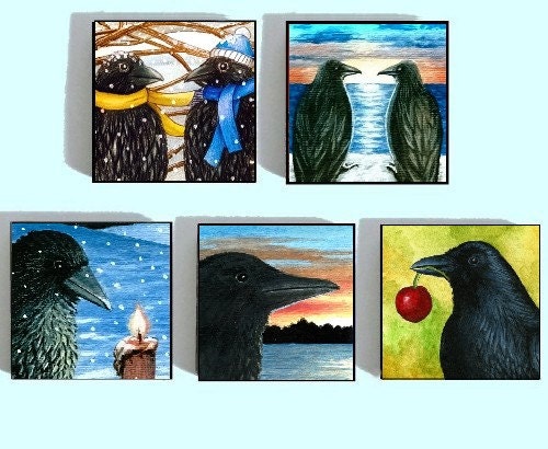 Fridge Magnets set of 5, Birds Crow Raven 2 from art paintings Wood tile 1x1 by L.Dumas