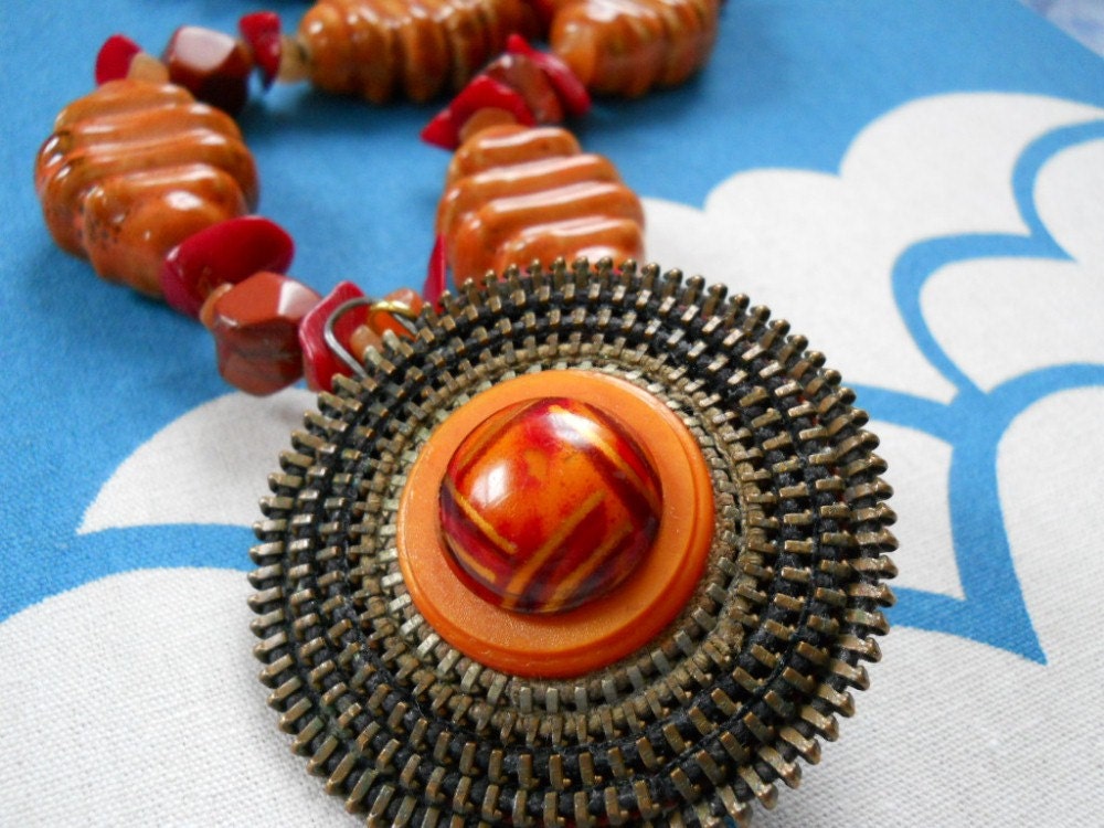 Saharan Sunset necklace - vintage zipper pendant, red aventurine, orange porcelain, coral, jasper