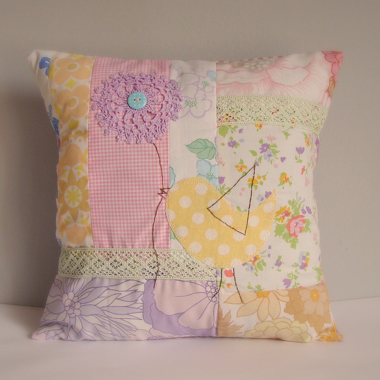 Cushion slip patchwork with bird vintage fabric pink yellow pale