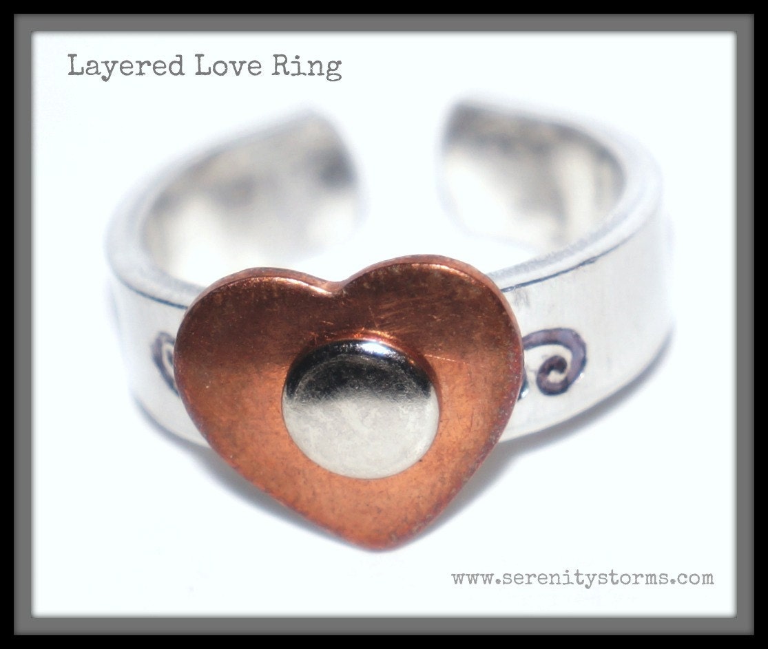 Copper Heart Love Rivet Stamped Ring Custom Silver Metal