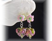 Diva Drops -Lampwork Glass Heart Earrings in Olive Green and Pink