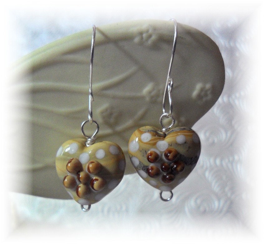 Diva Drops -Lampwork Glass Heart Earrings in Soft Brown with Dark Brown Accents