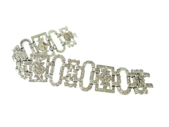 Art Deco Bracelet Wide Vintage Rhinestone Original Book Piece 1920s Wedding Jewelry