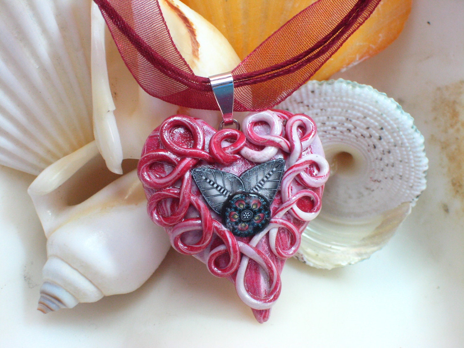 Swirls and Squiggles Red and White Heart Necklace Polymer
