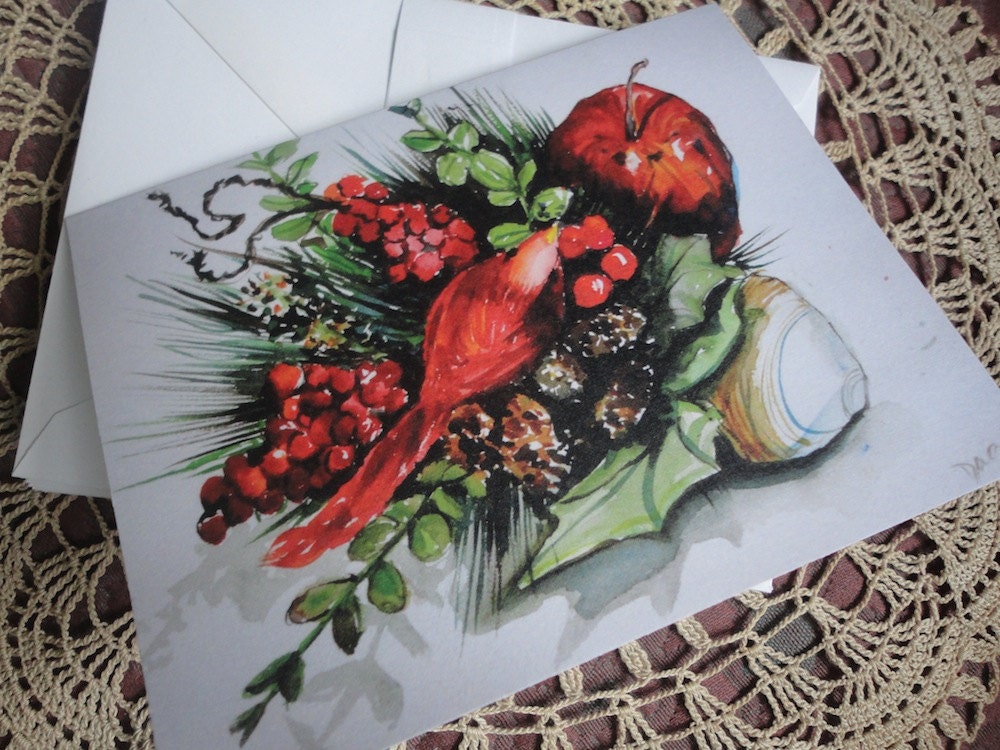 Colorful and Cheery Holiday Blank Note Cards with Envelope - Reproduction Watercolor Painting