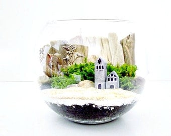 Glass Bowl Terrarium with Beach Cottage: DIY Kit & Miniature Concrete House, Easy Moss Terrarium