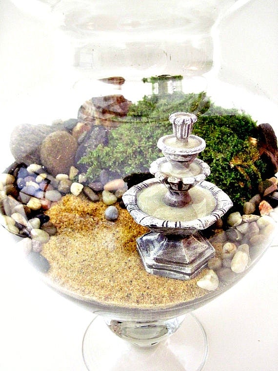 SALE Giant Sized Terrarium Table Centerpiece - Apothecary Jar Secret Garden Scene & Miniature Water Fountain: Extra Large Plant Terrarium