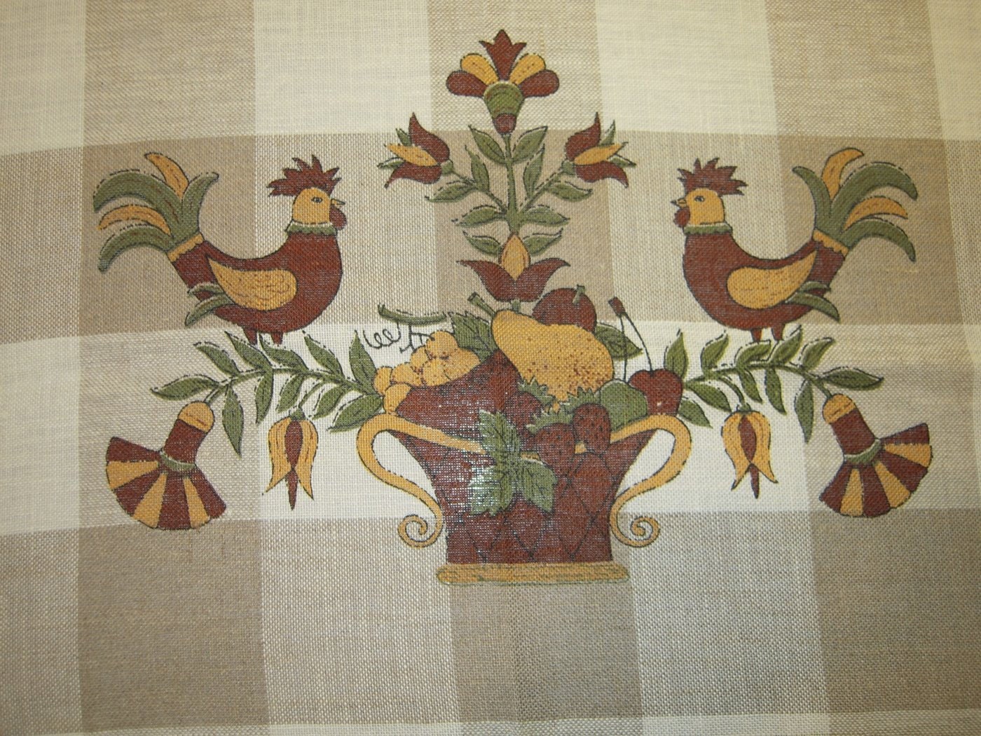 Vintage Tablecloth Fall Fruits Checks and Roosters Signed & MWT