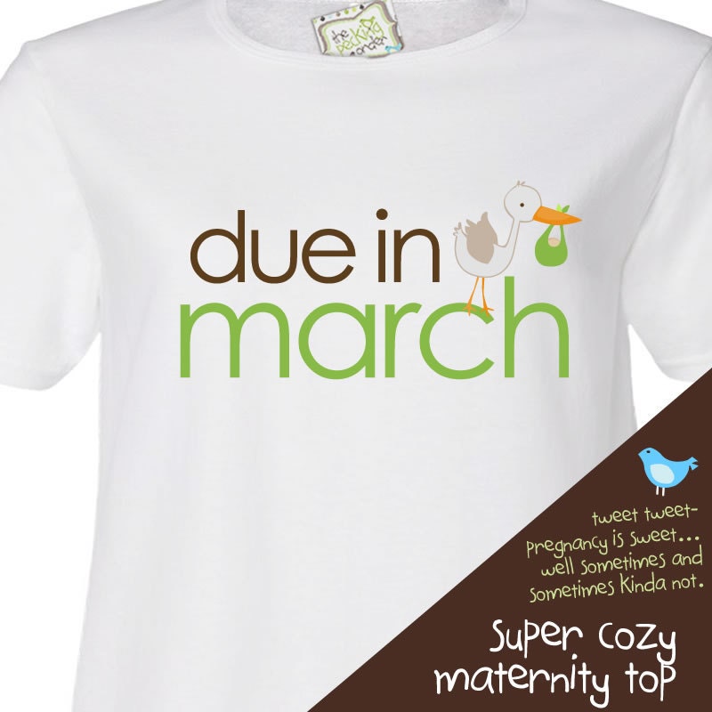 Due in March stork maternity top SHORT sleeve pregnancy or pregnancy announcement shirt