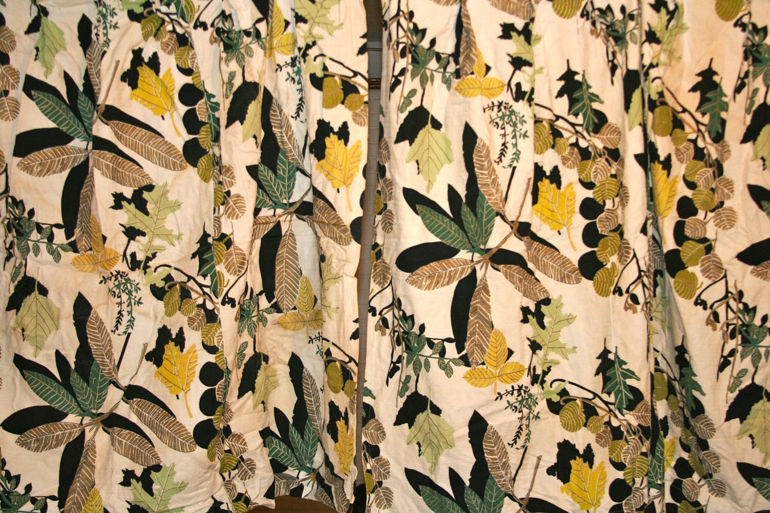 Vintage Gold and Green Leaf Motif Barkcloth Fabric Curtains