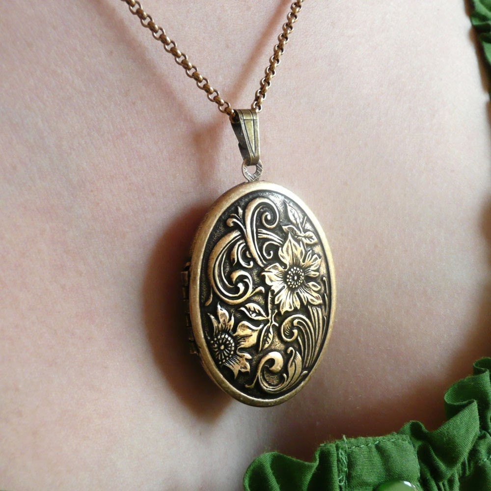 Floral Tapestry Brass Locket with Solid Natural Perfume - Organic fragrance as wearable art - Downton Abbey Edwardian - Great for Travel