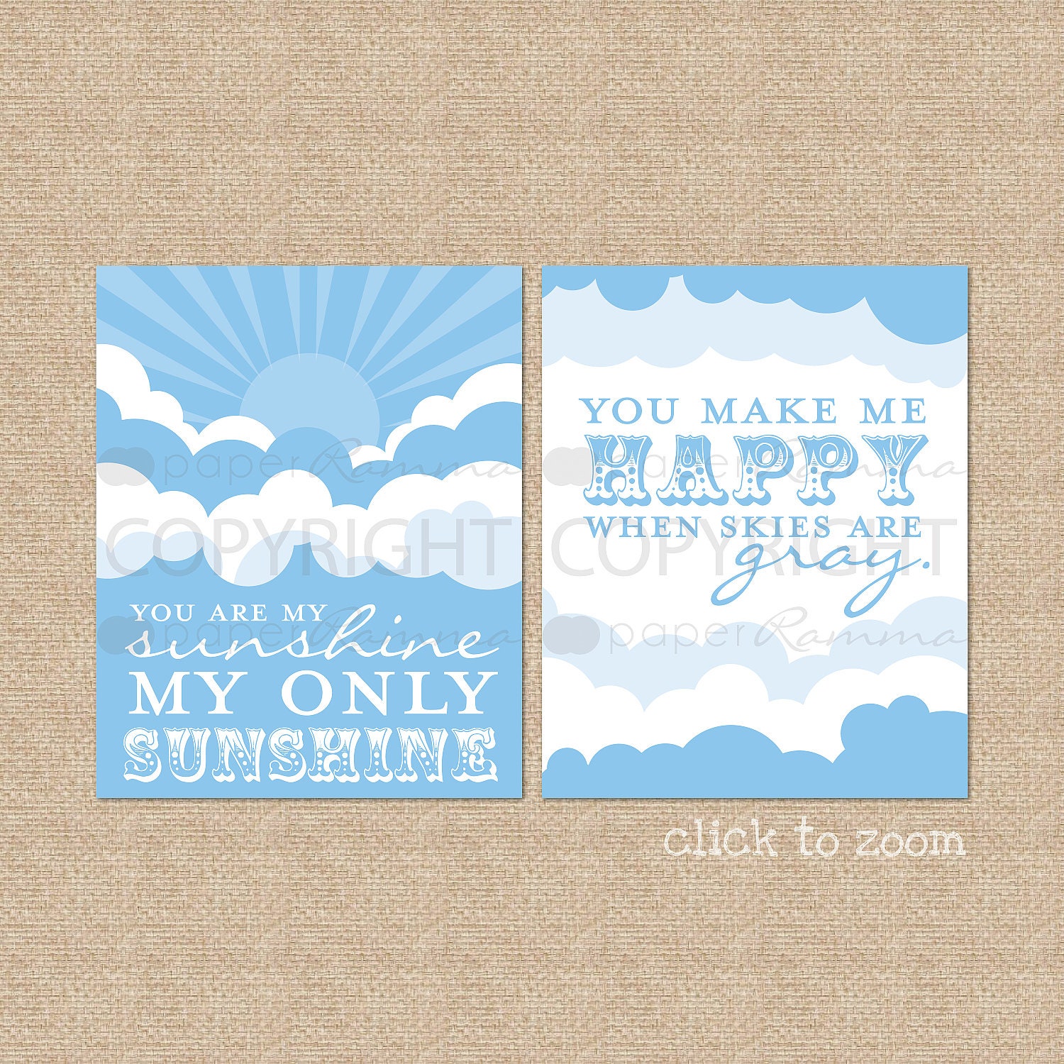 You are My Sunshine Nursery / Kids Room Art Prints , Style: Sunshine and Clouds - 8 x 10