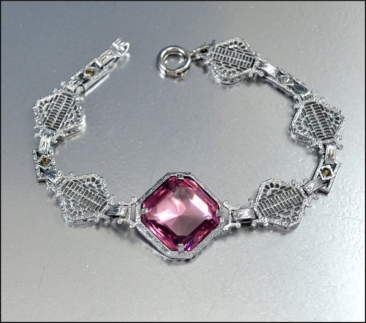 Art Deco Bracelet Silver Rhodium Filigree Vintage Jewelry 1920s Amethyst Glass Wedding Jewelry