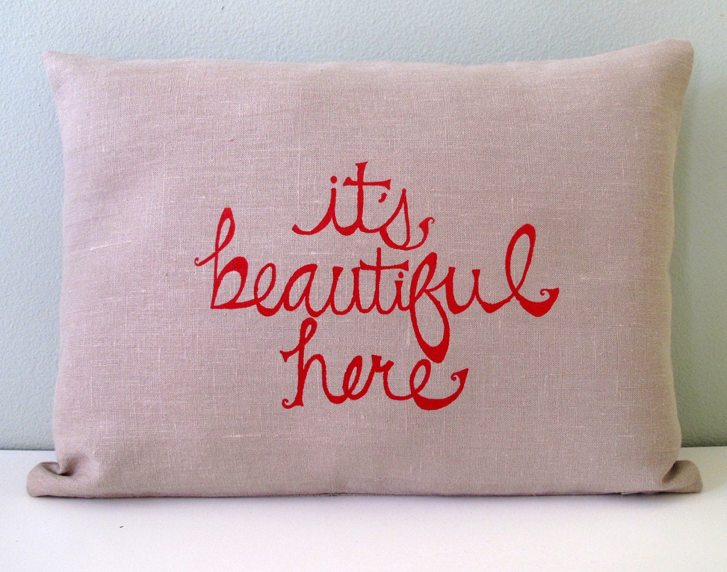 Pillow Cover. Cushion Cover. It's Beautiful Here in Red on Natural linen - 12 x 16 inches by Sweetnature Designs