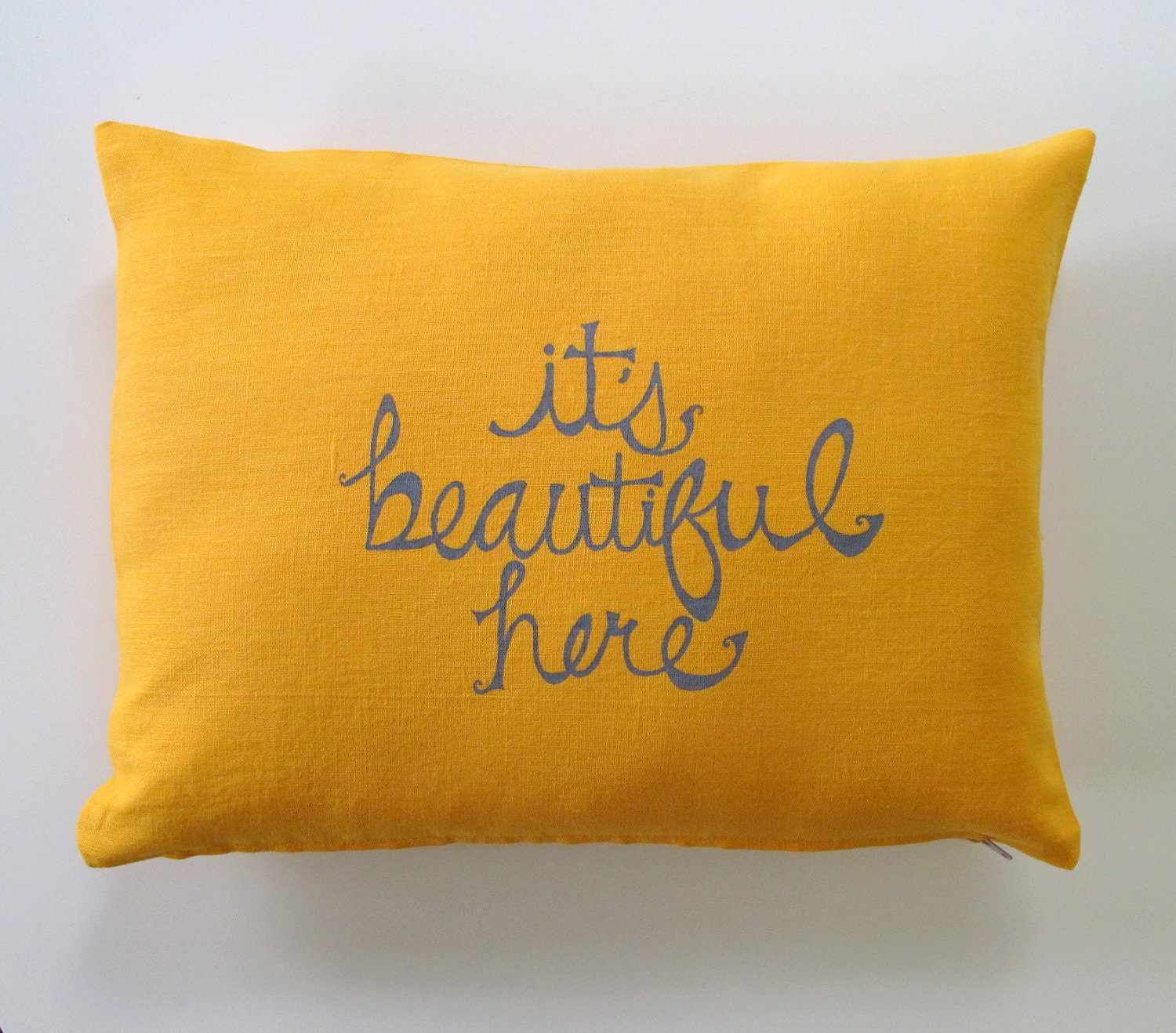 Decorative Pillow Cover Cushion Cover It's Beautiful Here in Gray on Mustard Yellow Linen  - 12 x 16 inches