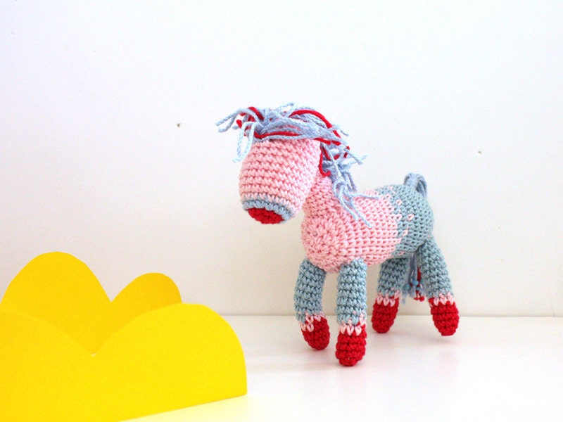My little Pony plush horse Equestrian self standing crochet Pony miniature toy aqua blue pink blue and red posable doll, baby shower horse