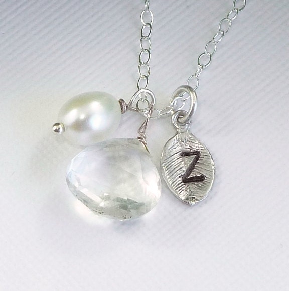 Personalized Jewelry Initial Leaf Gemstone Pearl Charm Necklace - Tokens Of Love - Handmade Wedding Jewelry Bride Bridal