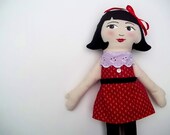 Cloth Doll Handpainted Face, Red Dress, Black Hair