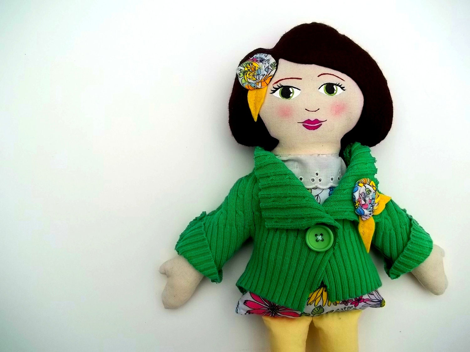 Cloth Doll, Rag Doll with Upcycled Green Sweater