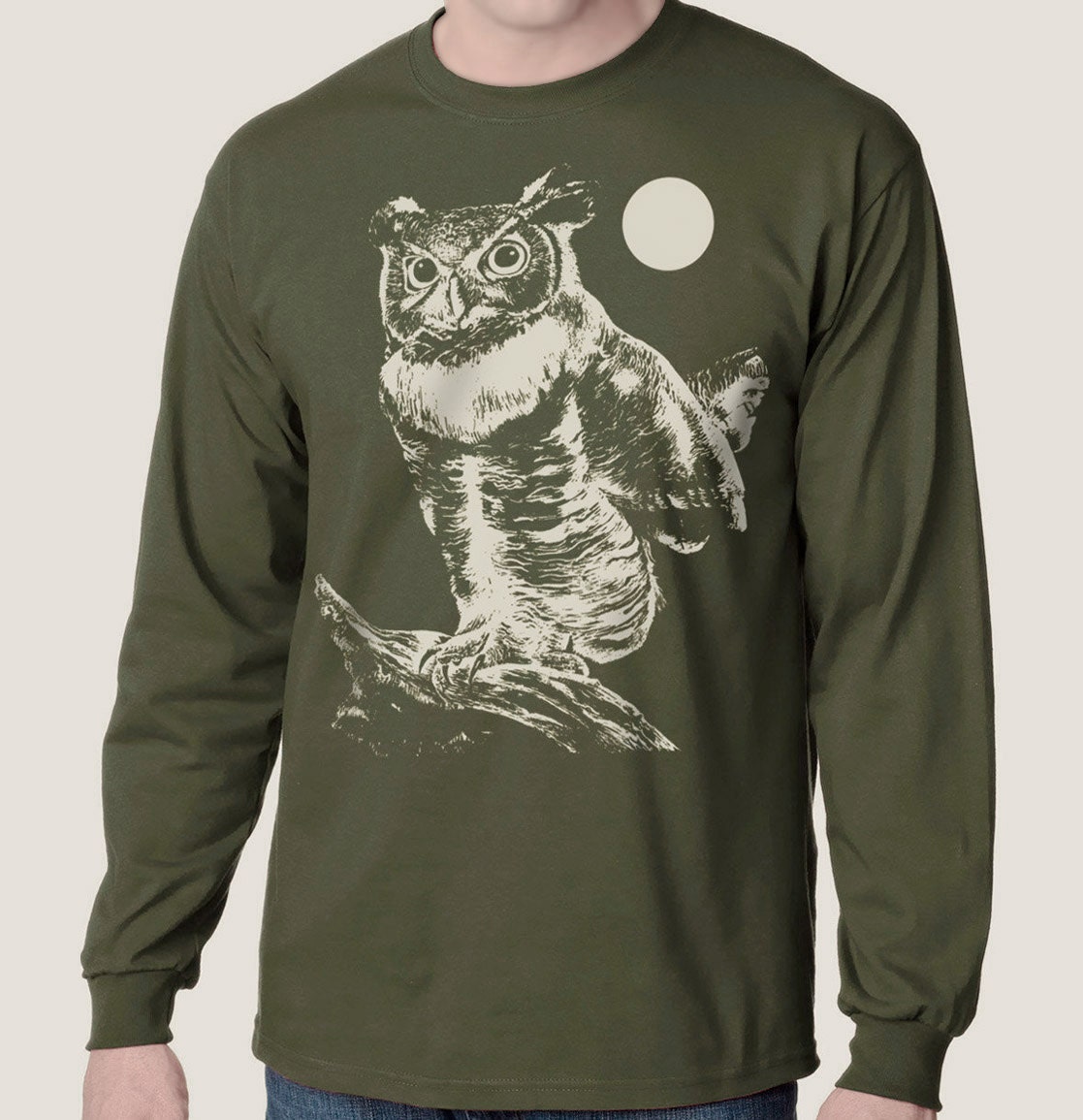 CLEARANCE Men's T-shirt, Owl, Moon Long Sleeve Olive Green, Graphic t-shirt Unisex