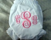 Custom Boutique Monogrammed Personalized Girly Diaper Cover with Eyelet Lace Edging.