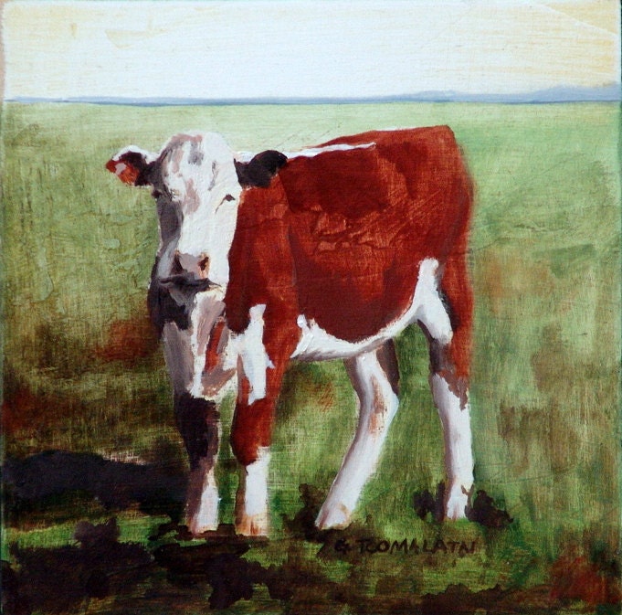 Brown white faced cow origianl oil painting hereford cow painting red cow