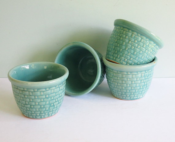 Vintage Aqua Green Pottery Custard Cups with an Embossed Basket Weave Pattern
