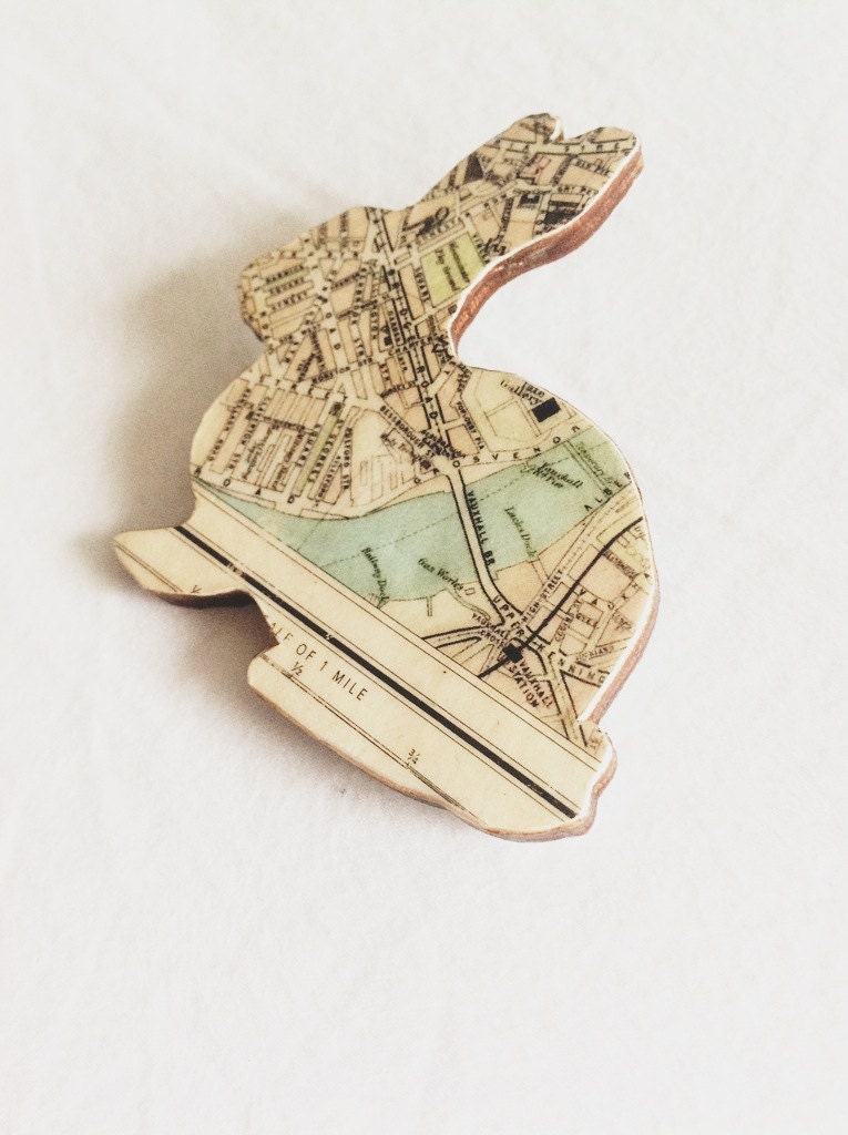 Recycled London Map  Bunny Brooch
