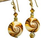 Pierced Earrings Handmade Polymer Clay Jewelry Swarovski Crystal Swirled Lentil Beads Goldplated Wires