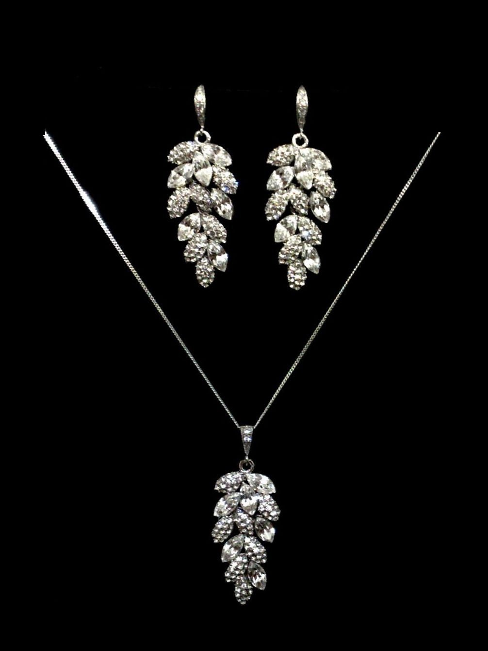 Leaves Bridal Necklace and Flower Petals Earrings, Garden Leaf Weddings Jewelry, BOTANY SET