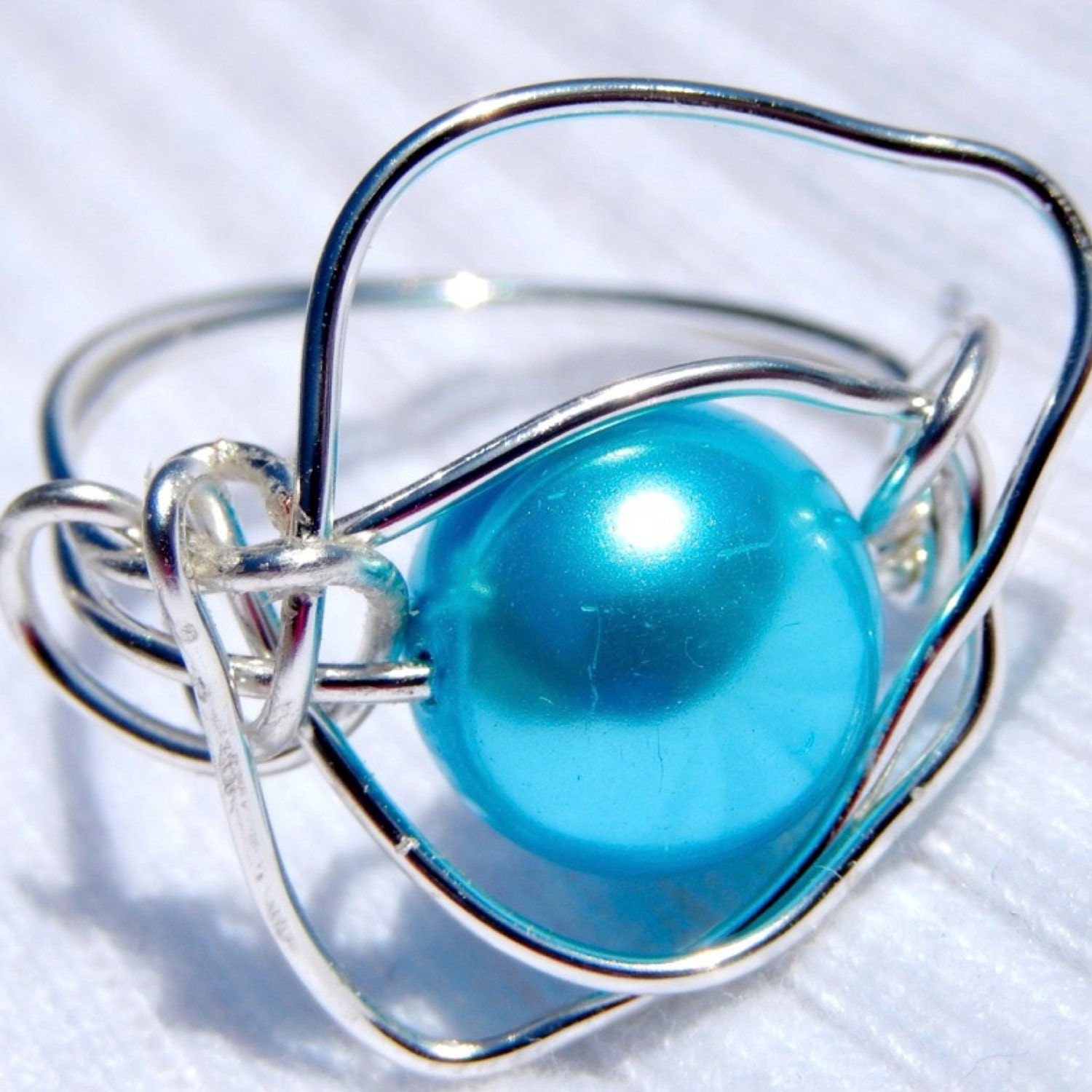 ROBYN. turquoise glass pearl and silver wire wrapped ring
