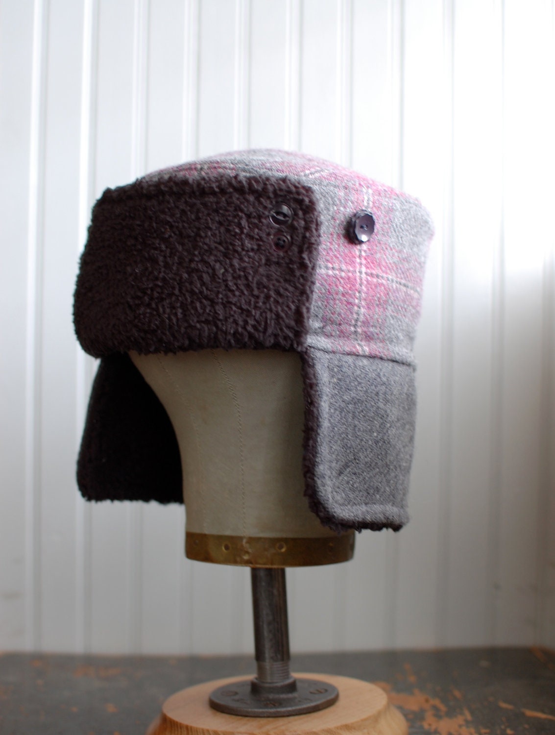 Womens trapper hat in pink and gray plaid: womens bomber hat - medium