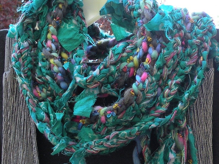 Crochet scarf: multicolor long women's skinny knit fashion scarflette Woodland green blue pink purple silk sari recycled scarf, wool  i849