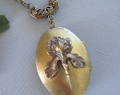 Iris LOCKET, Flower Locket, Vintage Brass, Flower Jewelry, Iris Garden, Brass Locket, Antique Locket, Reversible Locket