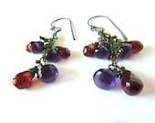 Garnet and Amethyst Gemstone  Dangle Oxidized Sterling Earrings - One of a Kind - Tagt