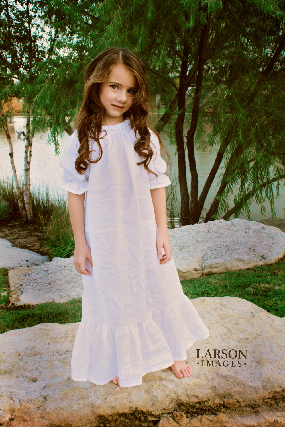White Linen Night Gown with Shirred Neck and Sleeve   Girls sizes 10-16