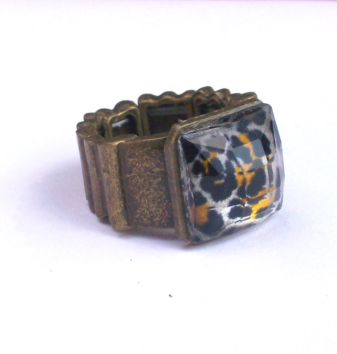Stretch Band Cocktail Ring - Cheetah Print with Antiqued Brass