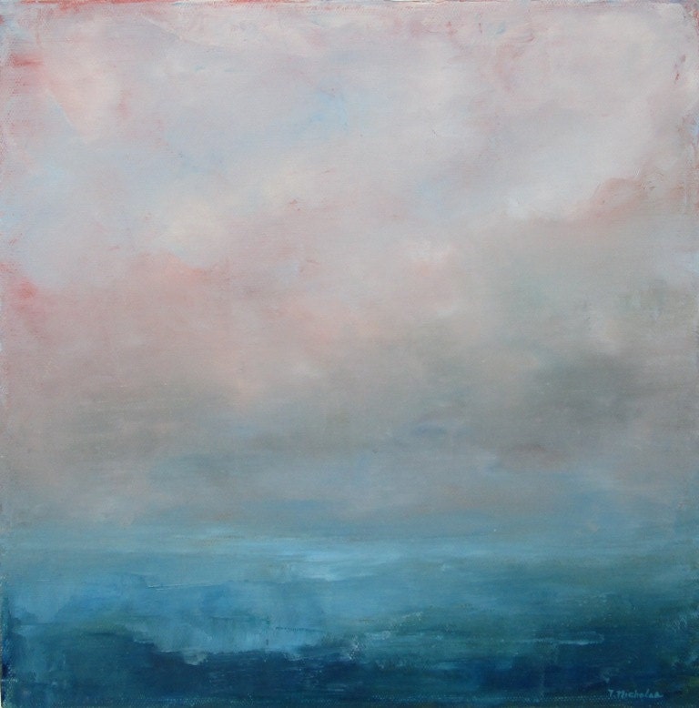 Before Dawn- Abstract Ocean Landscape Oil Painting on Canvas small 12x12 blue and grey fog clouds sky soft original palette knife painting