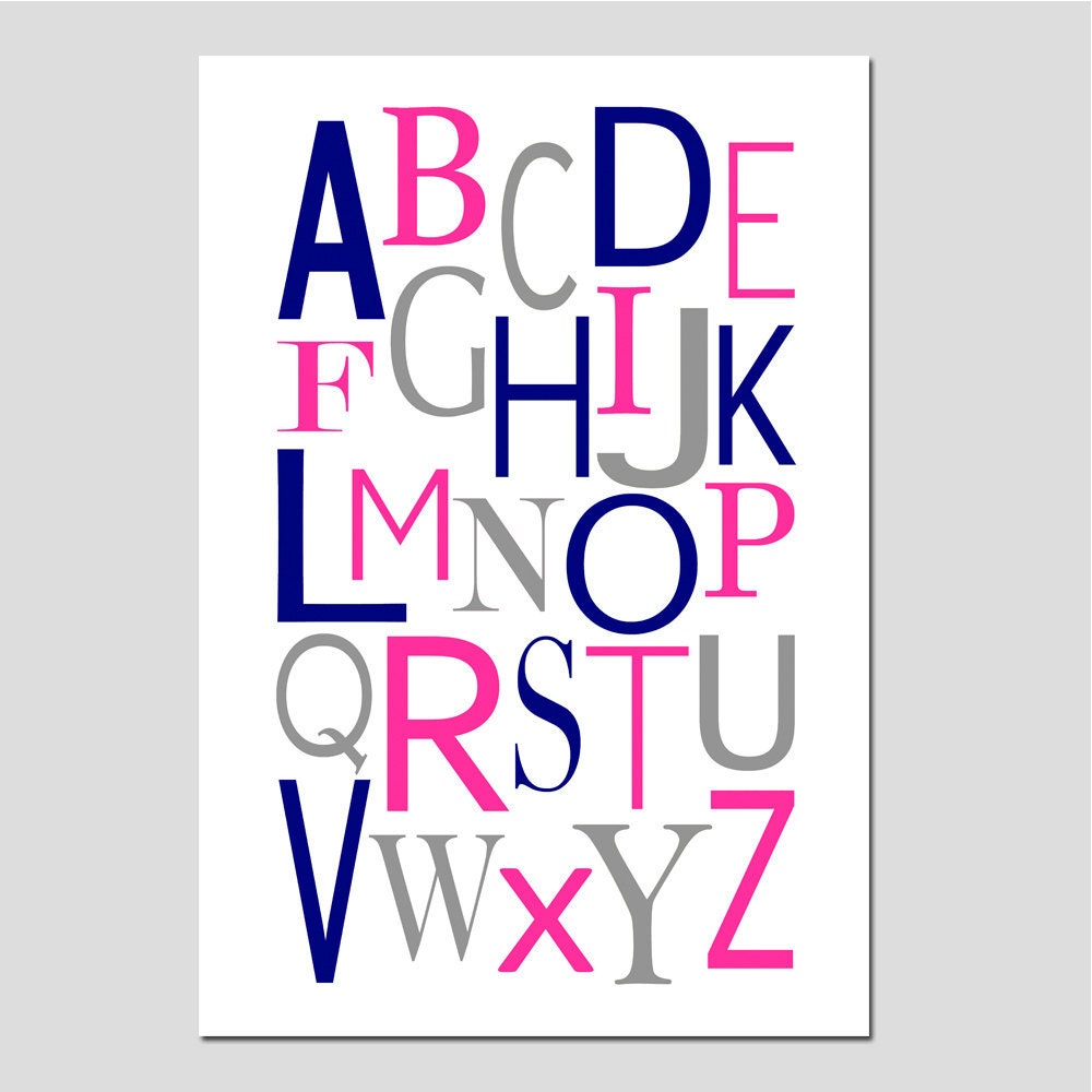 Modern Alphabet - 11x17 Print - Kids Wall Art for Nursery, Bedroom, Playroom - Choose Your Colors - Shown in Hot Pink, Navy Blue, Gray