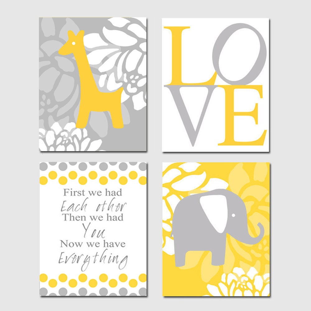 Modern Baby Elephant Giraffe Love Quad - Set of Four 11x14 Nursery Prints - First We Had Each Other - Shown in Yellow and Gray