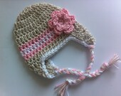 Baby Girl, Baby Hat, Baby Earflap Hat, Oatmeal, Pink, Flower, 0 to 3 Months
